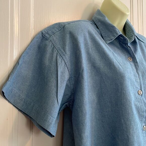 Vtg 80s M.I.C. Fashion blue denim cotton chambray short sleeve oversized shirt - Picture 5 of 8